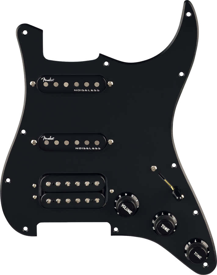 Voorbedrade Strat-slagplaat Quadra Tap/Ultra Noiseless HSS Zwart 11-gaats PG