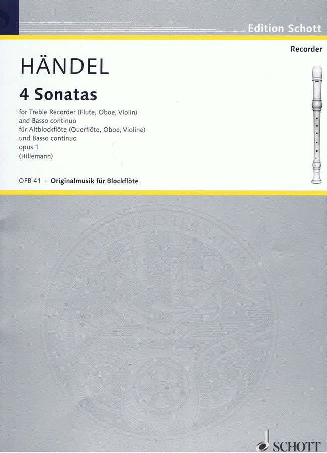 Handel George Frideric - Four Sonatas Op. 1 - Treble Recorder And Basso Continuo Cello Ad Lib.
