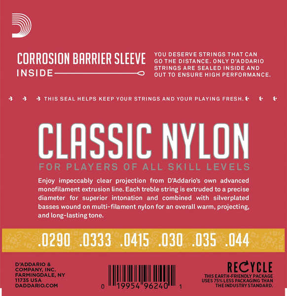 D'ADDARIO EJ27N 3/4 STUDENT NYLON FRACTIONAL CLASSICAL GUITAR STRINGS NORMAL TENSION