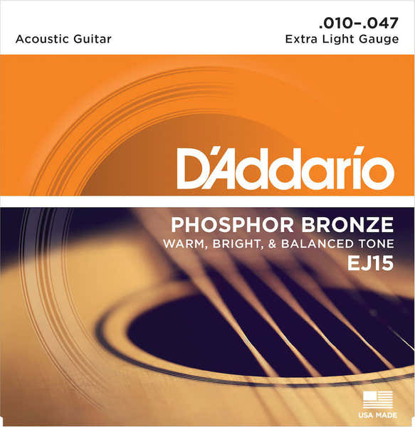 D'ADDARIO EJ15 PHOSPHOR BRONZE ACOUSTIC GUITAR STRINGS EXTRA LIGHT 10-47