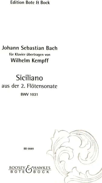Bote And Bock Bach J.S. - Siciliano BWV 1031 - Piano
