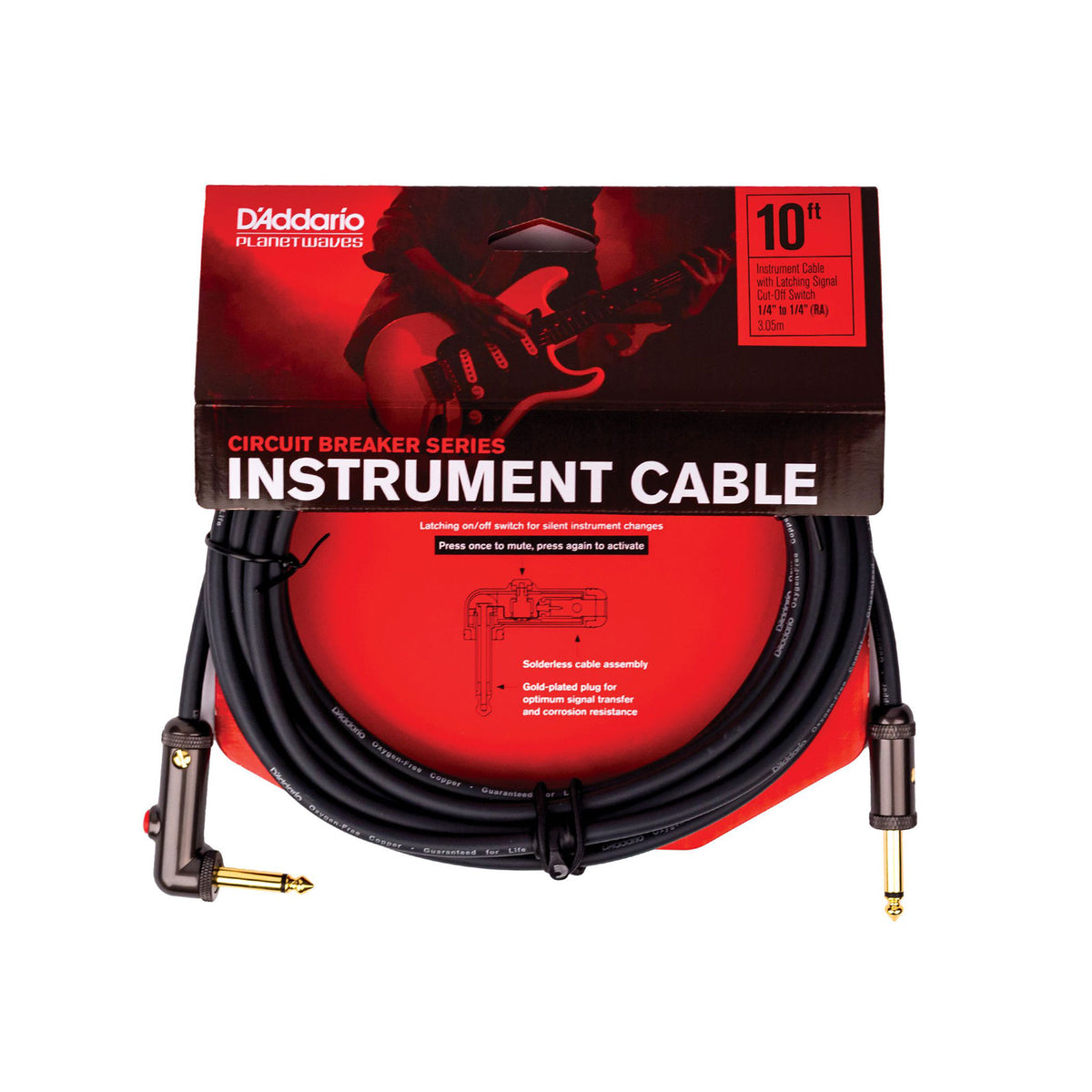 10' INSTRUMENT CABLE WITH PRESSURE SOUND SWITCH ELBOW CONNECTOR BY D'ADDARIO