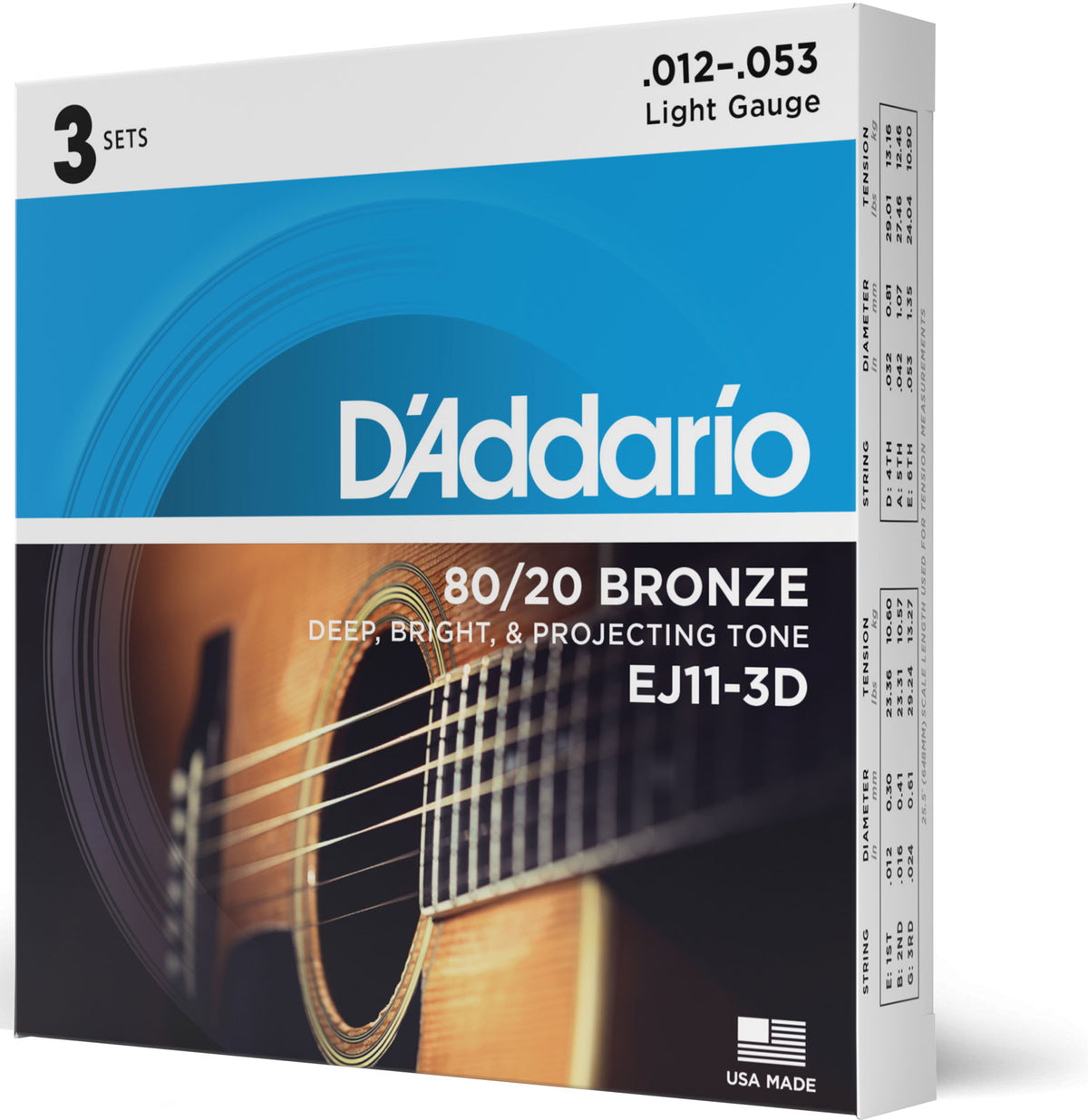 D'ADDARIO STRINGS FOR ACOUSTIC GUITAR EJ11-3D BRONZE 80/20 LIGHT 12-53 (3 SETS)