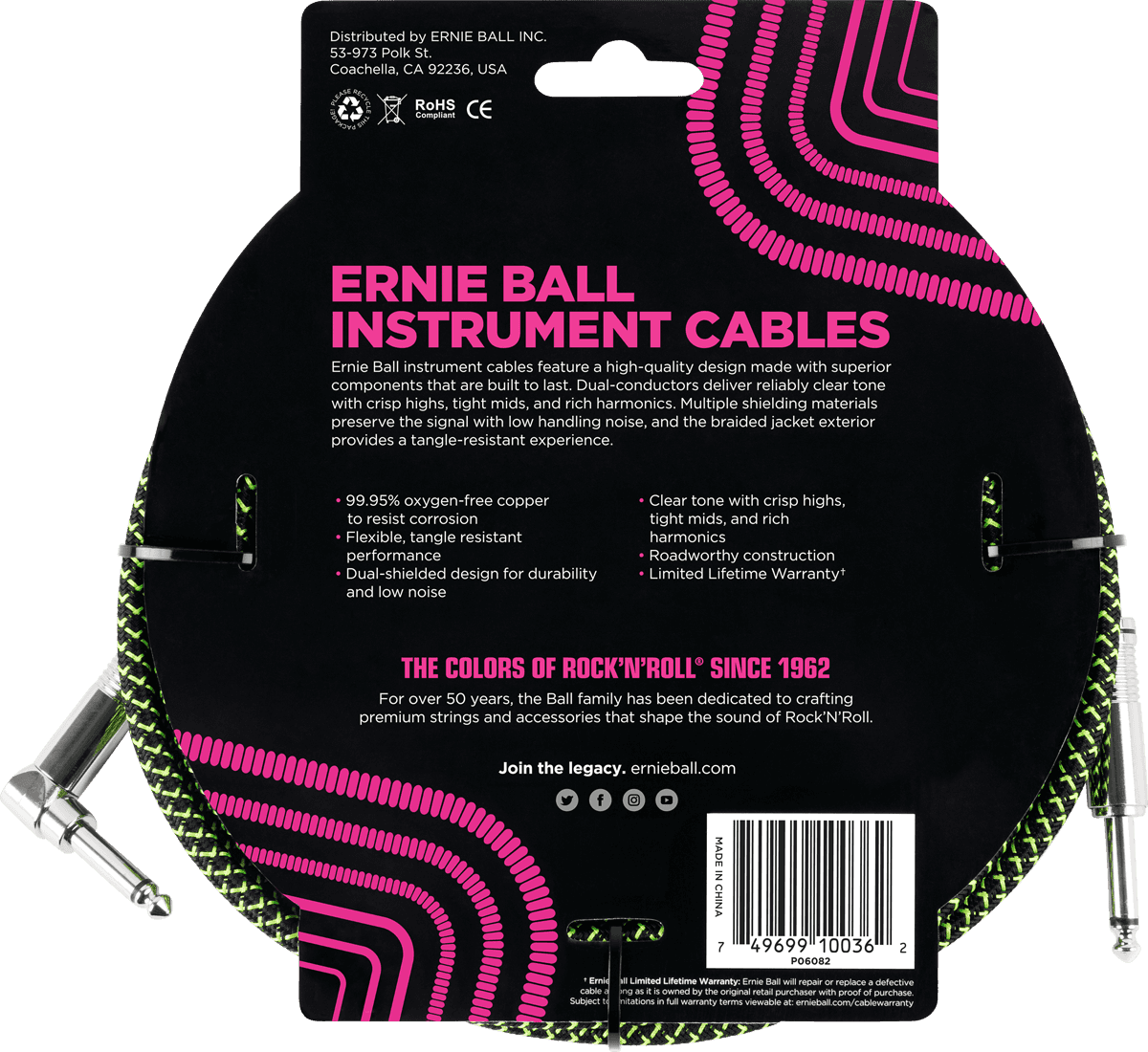 Instrumentkabel Met Geweven Omhulling Jack/jack Haaks 5,5M Zwart/Groen