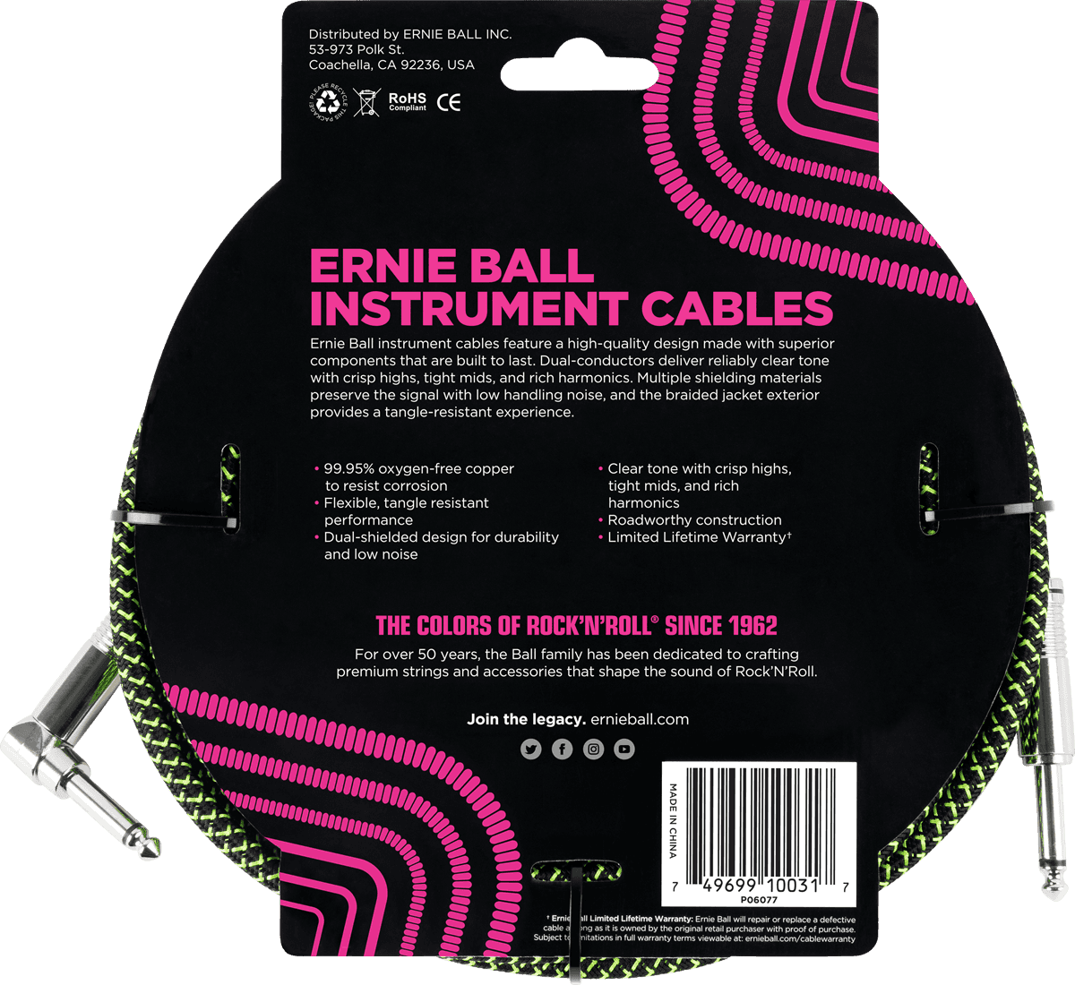 Instrumentkabels Gevlochten Mantel Jack/jack Haaks 3M Zwart/Groen