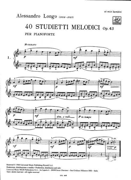 LONGO A. - 40 STUDIETTI MELODICI PER PICCOLE MANI SENZA OTTAVE OP.43 - PIANO