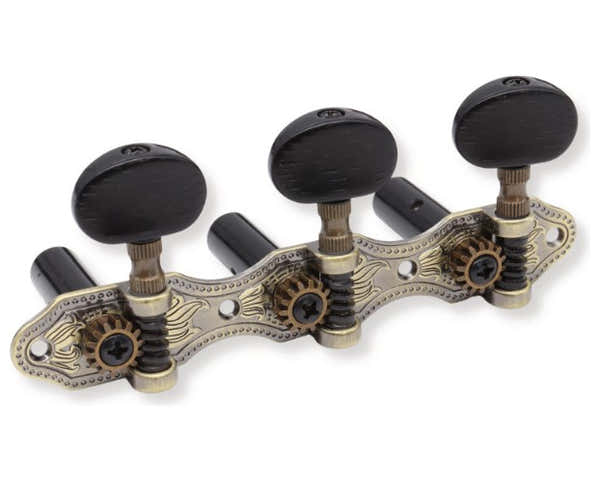Der Jung CLASSIC GUITAR TUNING MACHINES 3+3 HAUSER BLACK BUTTON AND ROLLER AGED BRASS