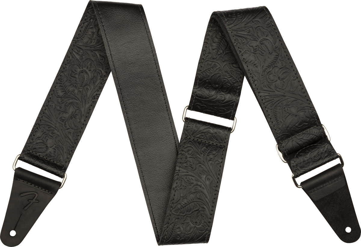 TOOLED LEATHER GUITAR STRAP 2" BLACK
