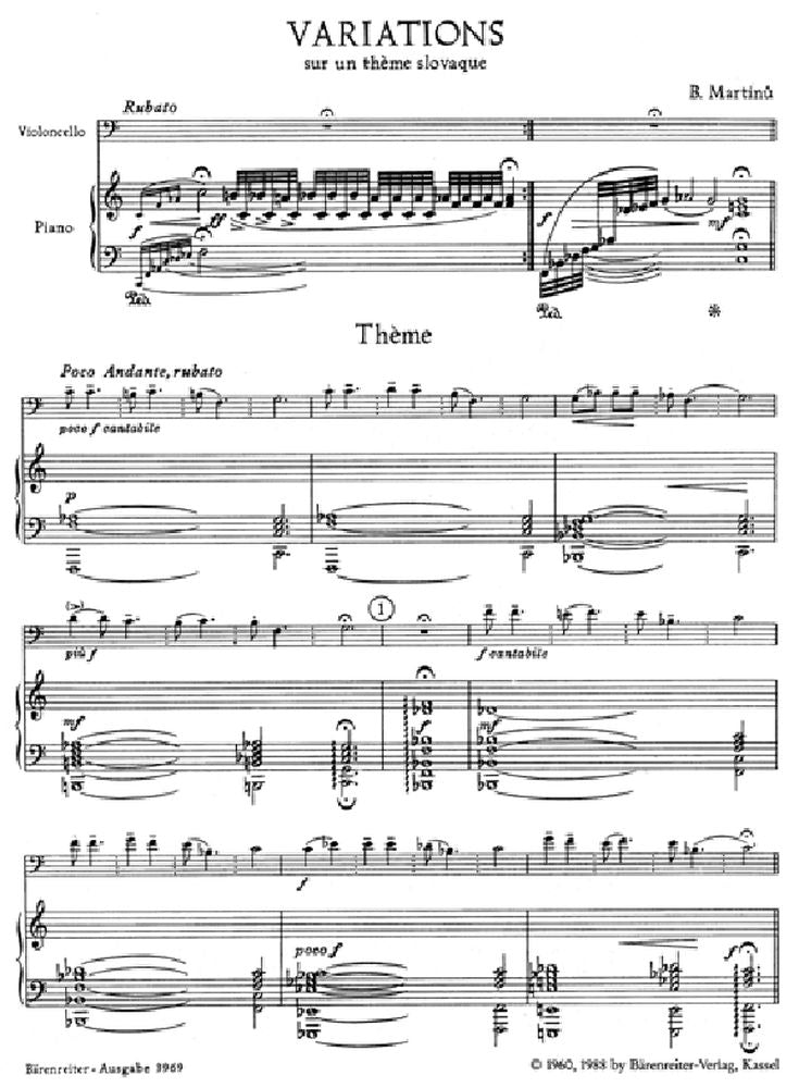 MARTINU BOHUSLAV - VARIATIONS SUR UN THEME SLOVAQUE - VIOLONCELLE PIANO