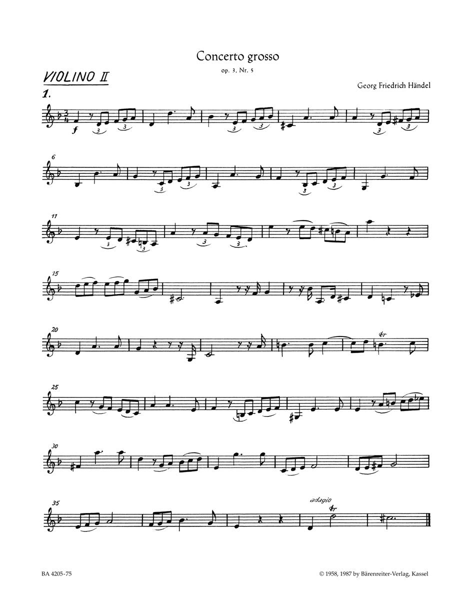 Barenreiter Haendel G. F. - Concerto Grosso D-moll HWV 316 Op. 3/5 - Violon 2