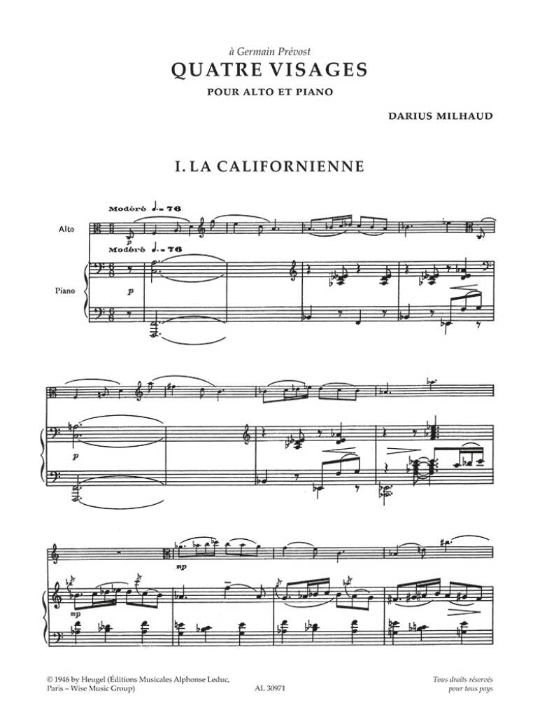 Milhaud Darius - Quatre Visages - Alto et Piano