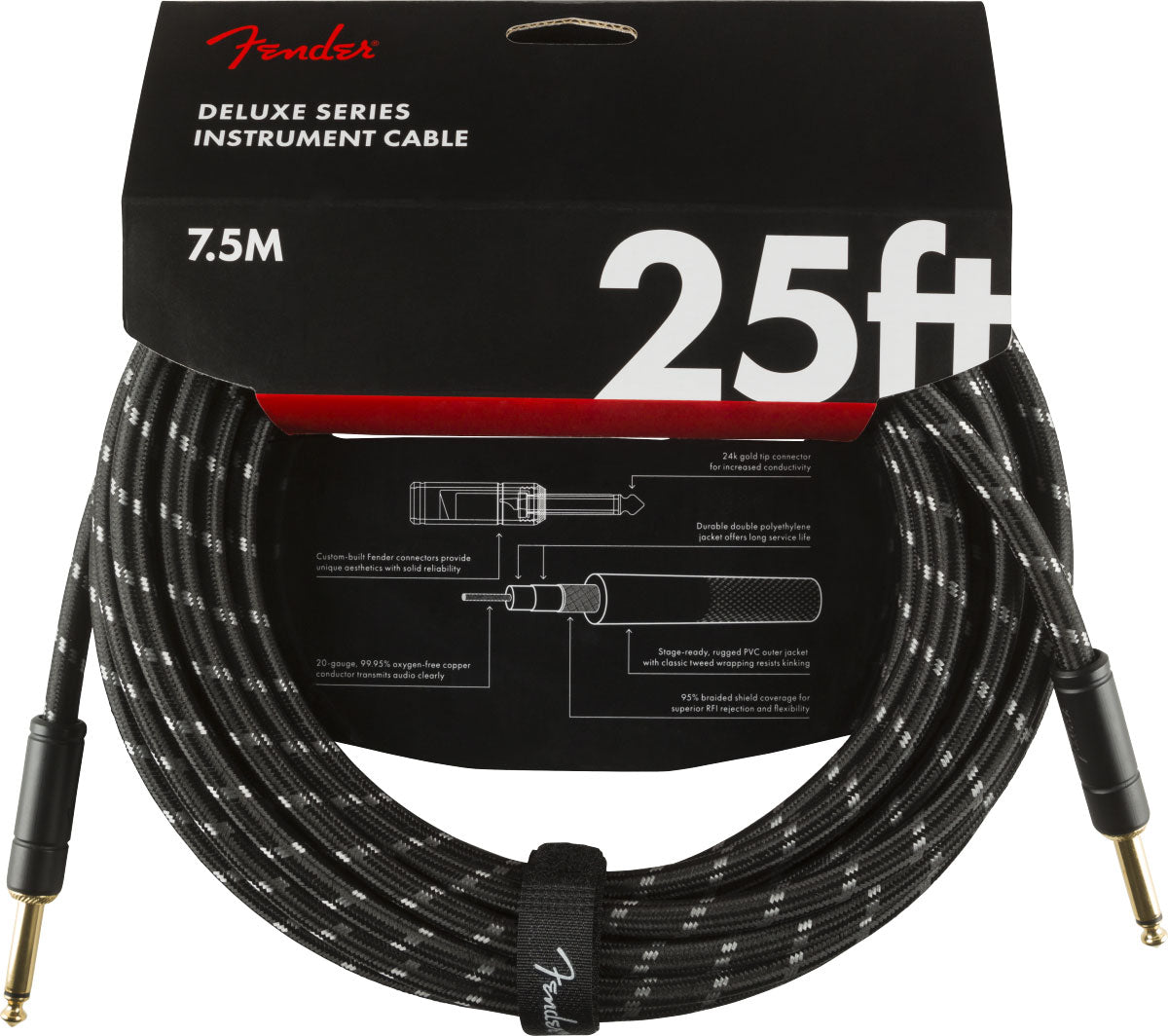 DELUXE INSTRUMENT CABLE STRAIGHT/STRAIGHT 25' BLACK TWEED