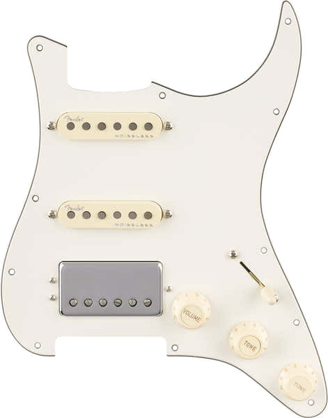 Voorbedrade Strat-slagplaat Quadra Tap/Ultra Noiseless HSS Perkament 11-gaats PG